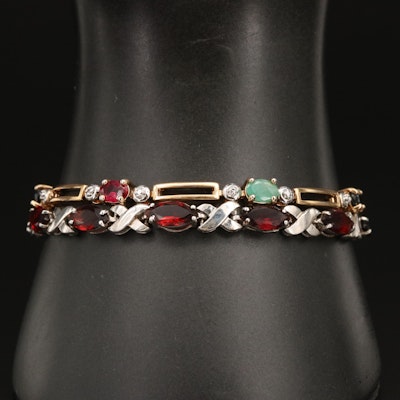 Sterling Crossover Link and Station Bracelets with Garnet, Ruby and Diamond