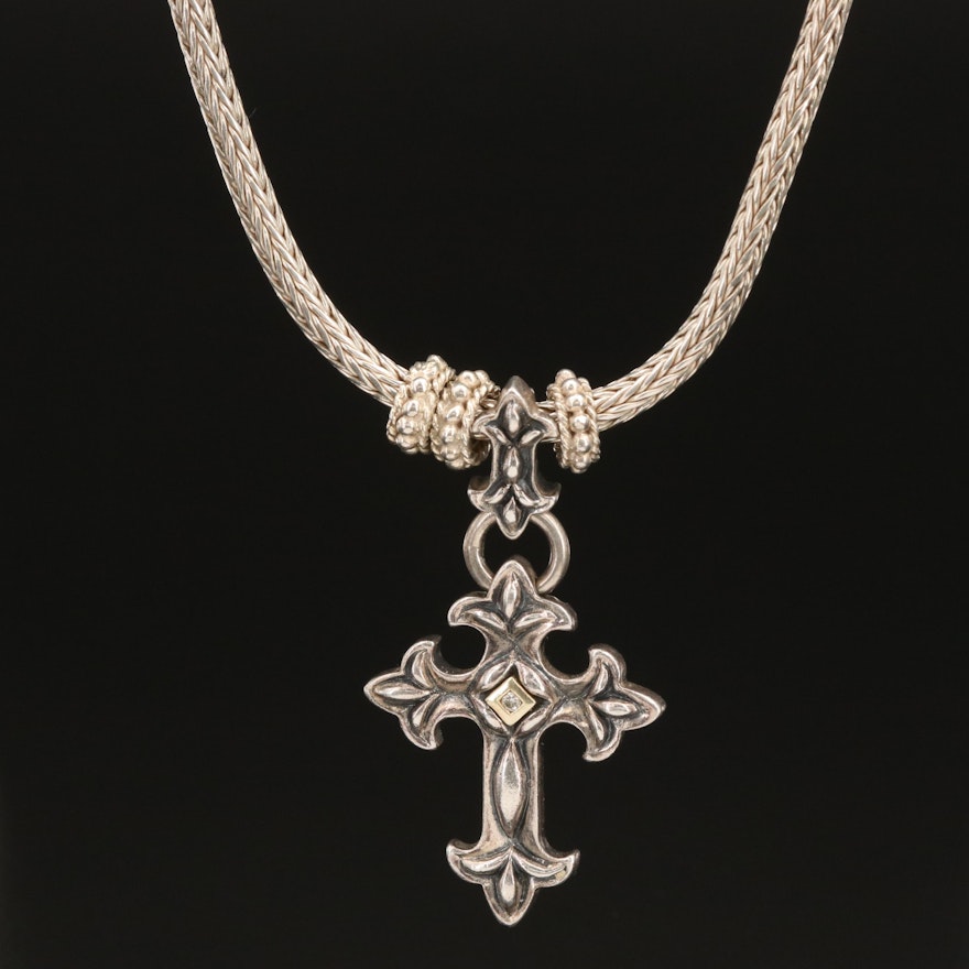 Ann King Sterling Diamond Cross Enhancer Pendant Necklace with 18K Accent