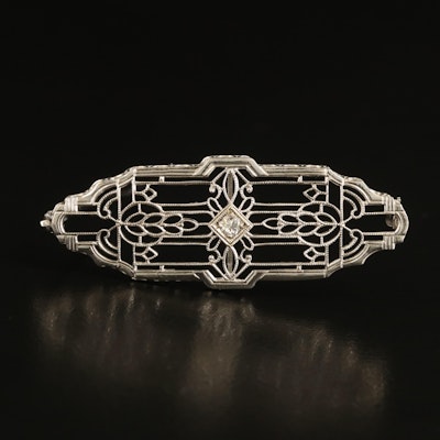 Art Deco 14K 0.06 CT Diamond Bar Brooch with Platinum Front