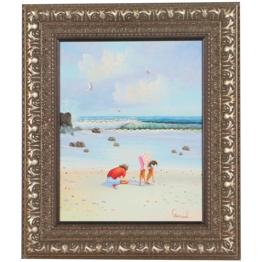 Acrylic Painting of Coastal Landscape With Beachcombers