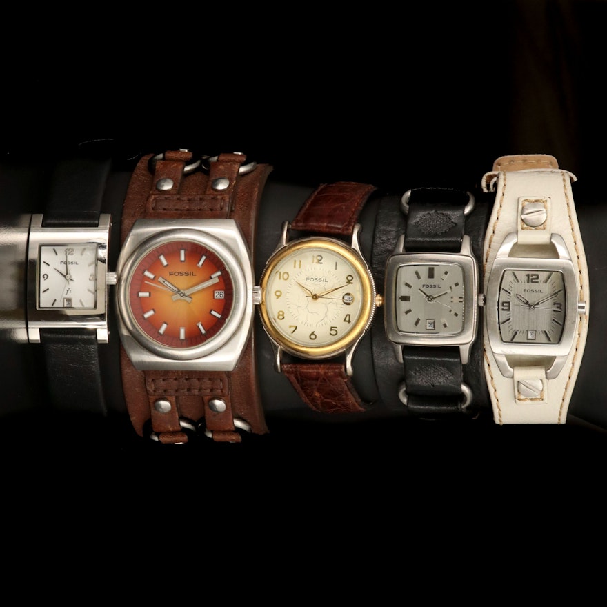 Five Fossil Leather Band Quartz Wristwatches