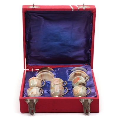 Brass Mounted Banded Calcite Teacups with Saucers
