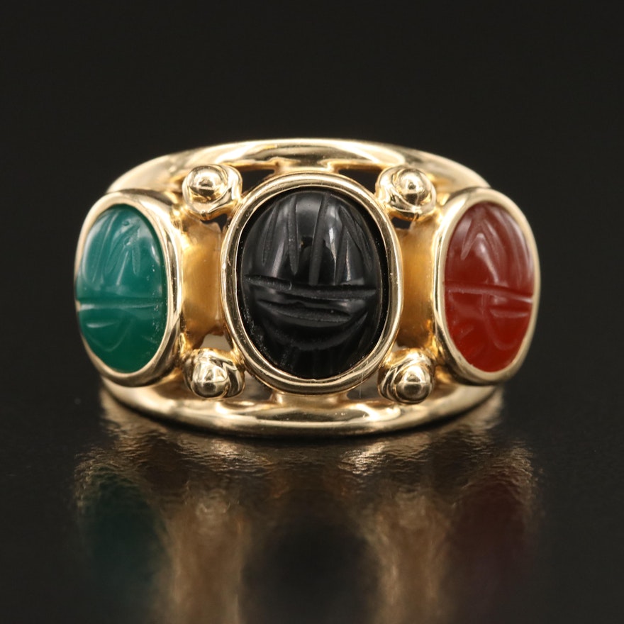 14K Scarab Ring with Black Onyx, Carnelian and Green Chalcedony
