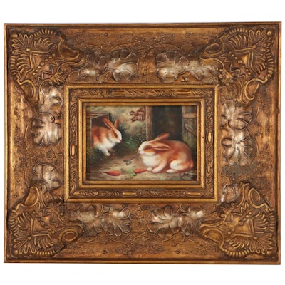 Oil Painting of Barnyard Scene With Rabbits