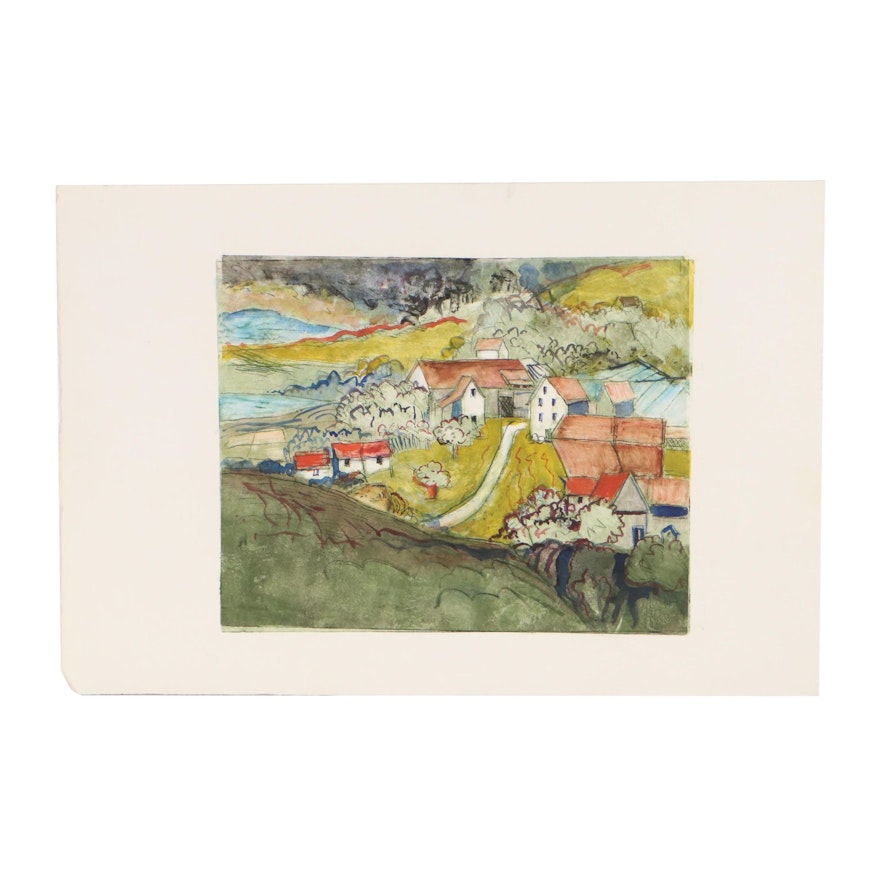 Marion Maas Embellished Color Etching of Small Town Landscape
