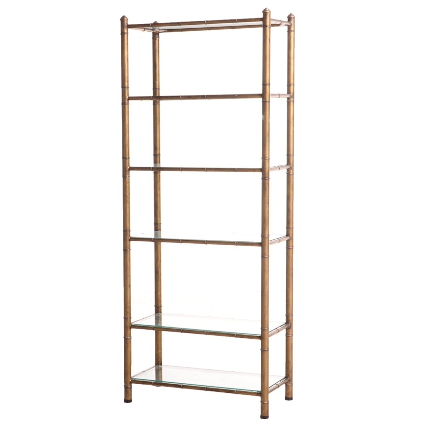 Bamboo Style, Gold-Painted Metal Etagere Bookcase with Glass