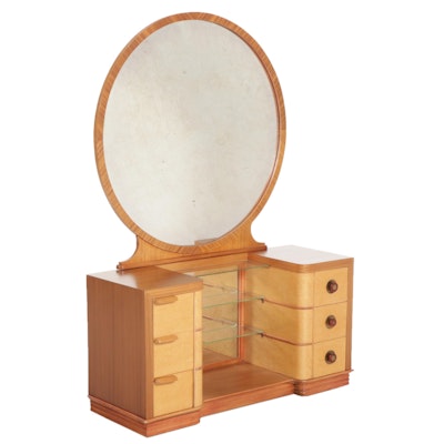 Art Deco Birdseye Maple and Walnut Veneered Vanity Desk and Mirror