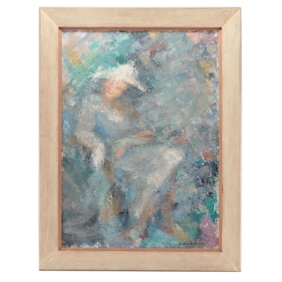 Barbara W. Wheeler Abstract Oil Painting of Seated Figure, Late 20th Century