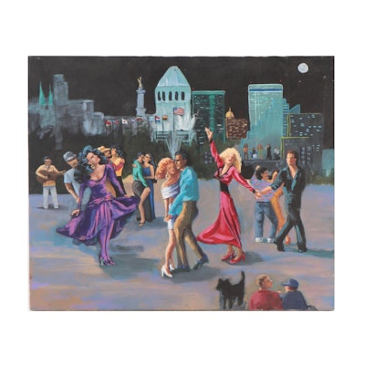 Nocturne Cityscape Acrylic Painting of People Dancing on a Square