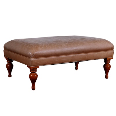 French Provincial Style Hardwood and Leather Ottoman