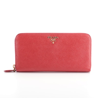Prada Zip-Around Wallet in Red Saffiano Leather with Box