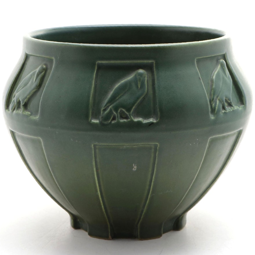 Rookwood Pottery Arts and Crafts Style Green Glaze Raven Motif Planter, 1913