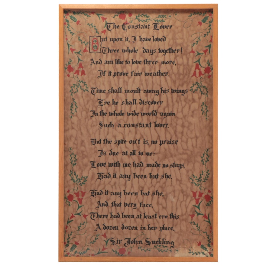 Paper and Ink Hanging Decor Poem After Sir John Suckling, Mid-20th Century