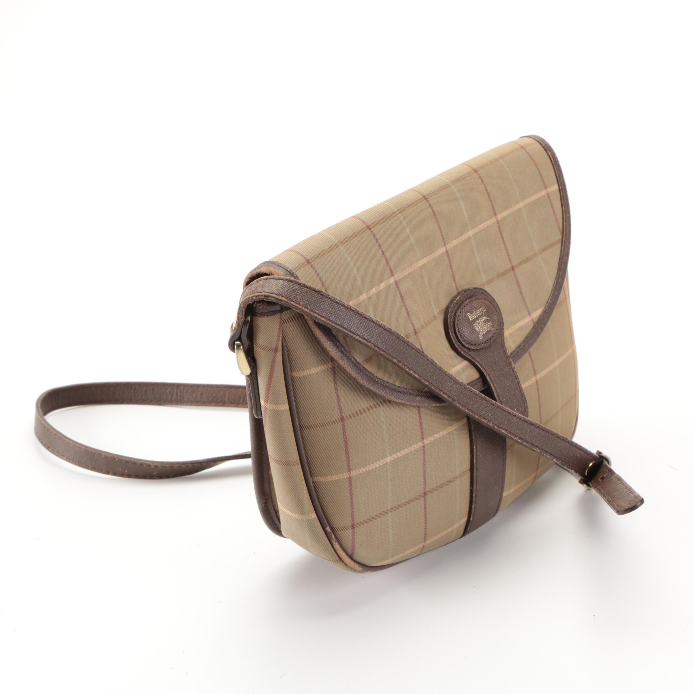 Burberrys Small Flap Crossbody Bag in Tan Plaid Twill and Brown Leather