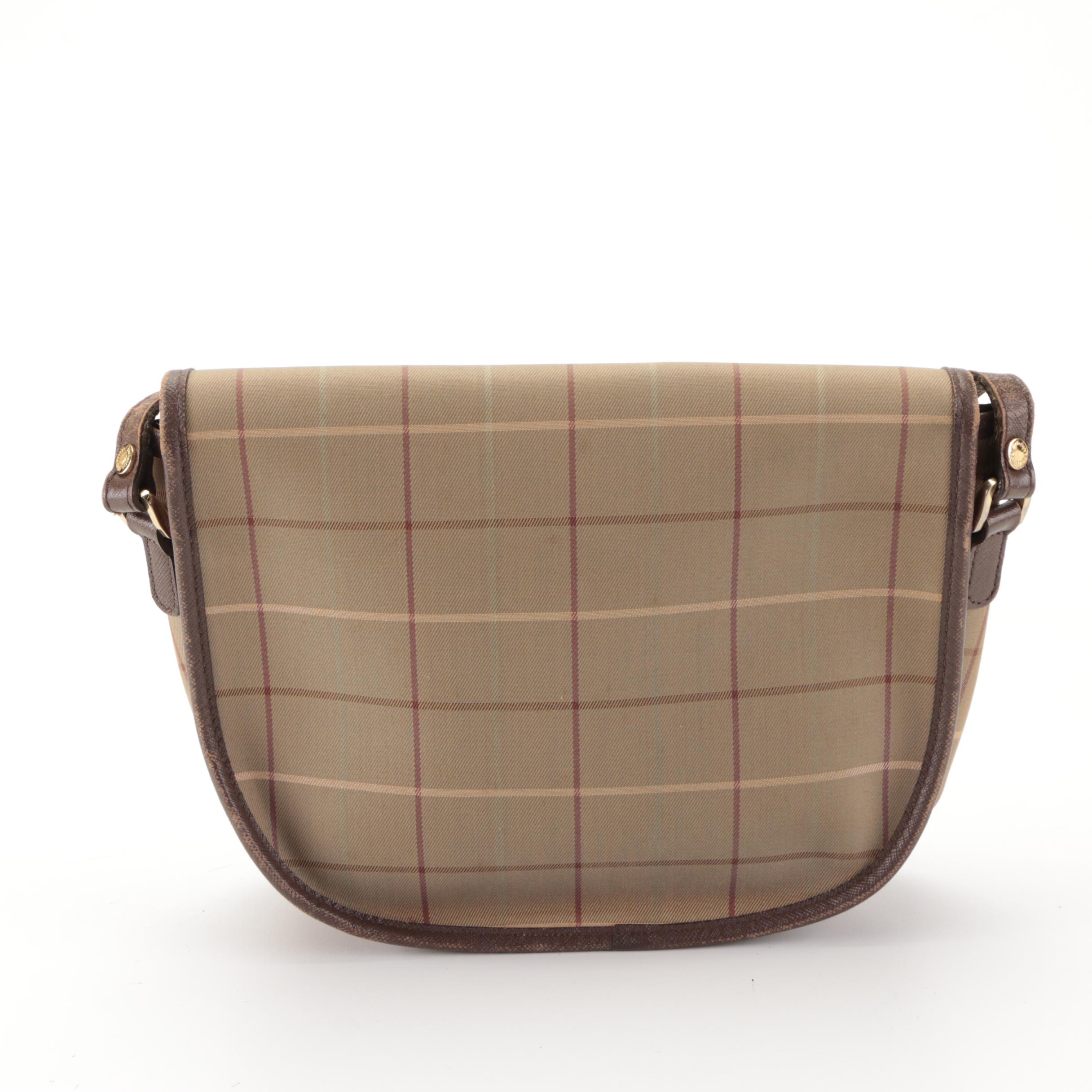 Burberrys Small Flap Crossbody Bag in Tan Plaid Twill and Brown Leather