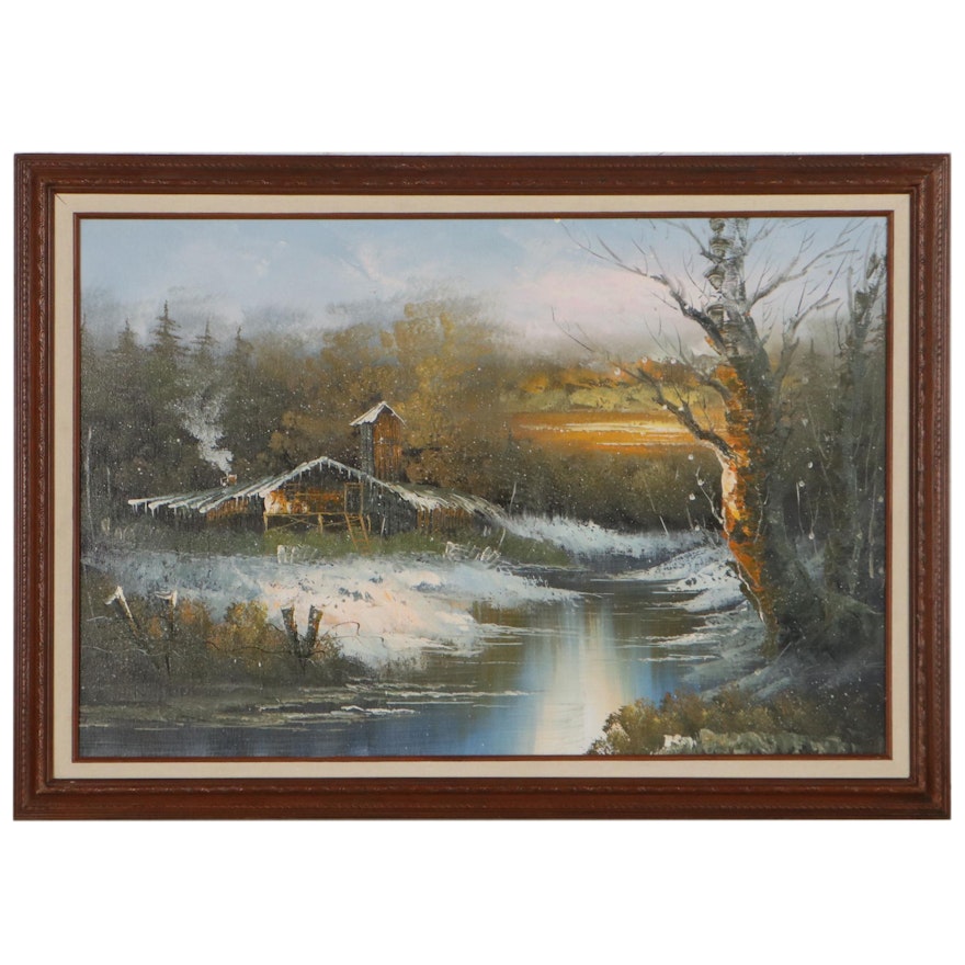 Landscape Oil Painting of Snowy Winter Scene, Late 20th Century