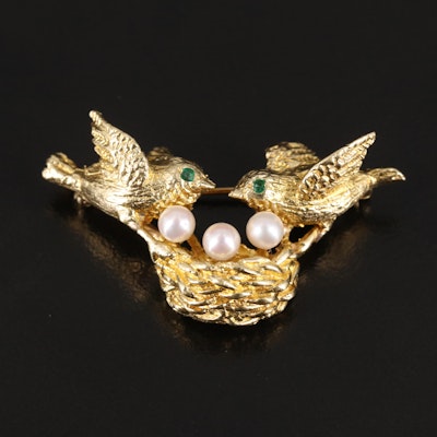 14K Pearl and Emerald Birds with Nest Brooch
