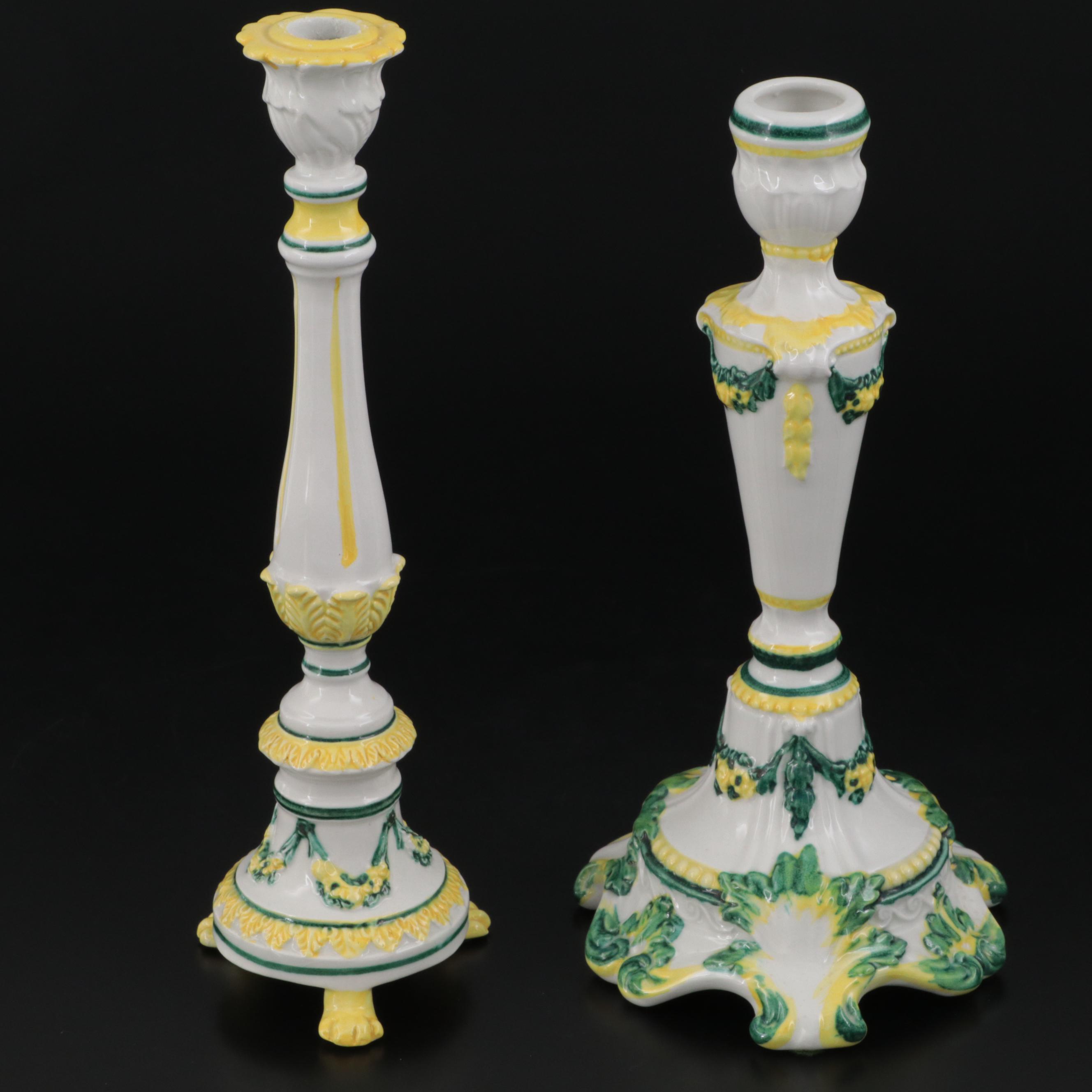 Italian Majolica Ceramic Candlesticks, Mid to Late 20th Century EBTH