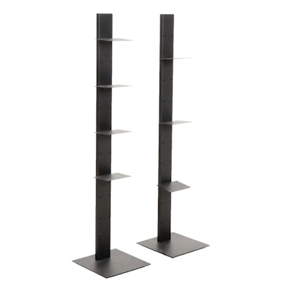 Pair of Modernist Style Black Metal Tower Bookcases with Adjustable Shelves