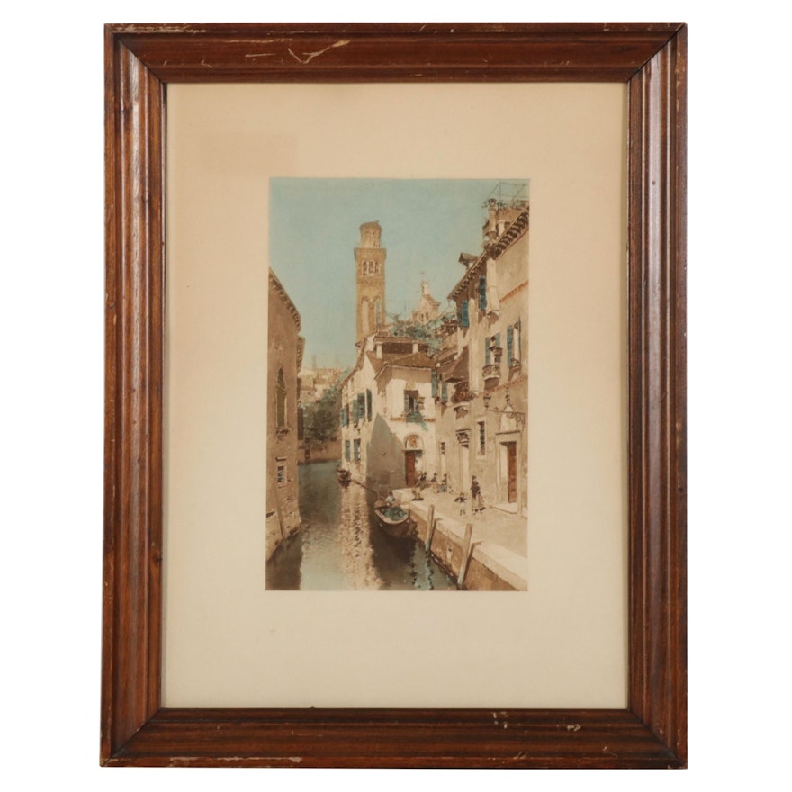 European City Canal Hand-Colored Etching, Early-Mid 20th Century