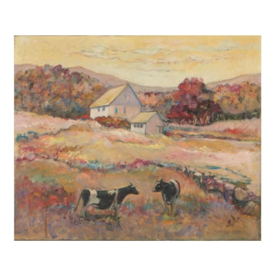 Marion Maas Pastoral Landscape Oil Painting of Cottage and Cows, Circa 1965