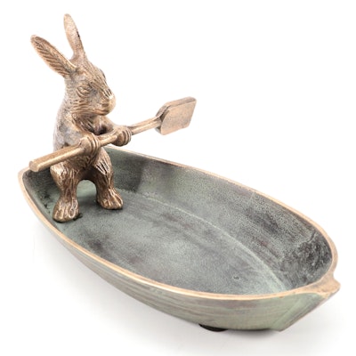 Patinated Cast Brass Rabbit in Rowboat Dish