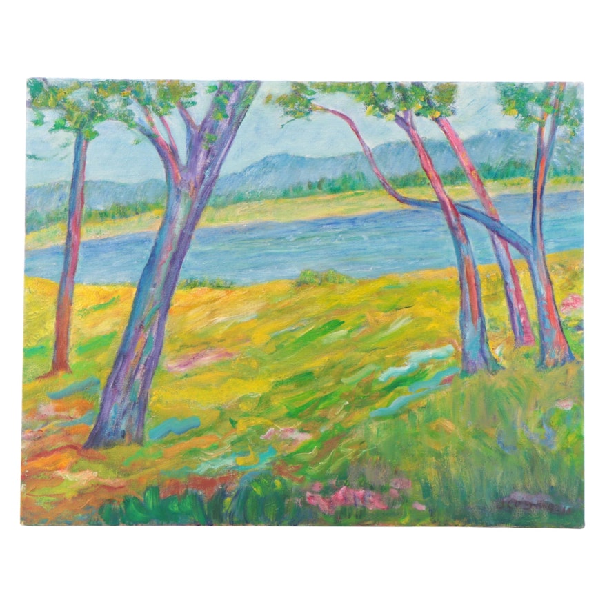 Jean Pierce Cogswell Landscape Oil Painting of Lake, Late 20th Century
