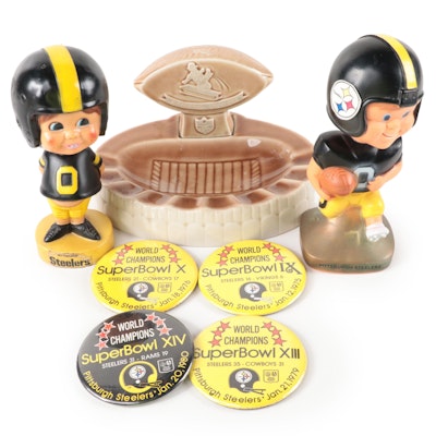 Pittsburgh Steelers NFL Football Bobbleheads, Weico Ceramic Ashtray, Pinbacks
