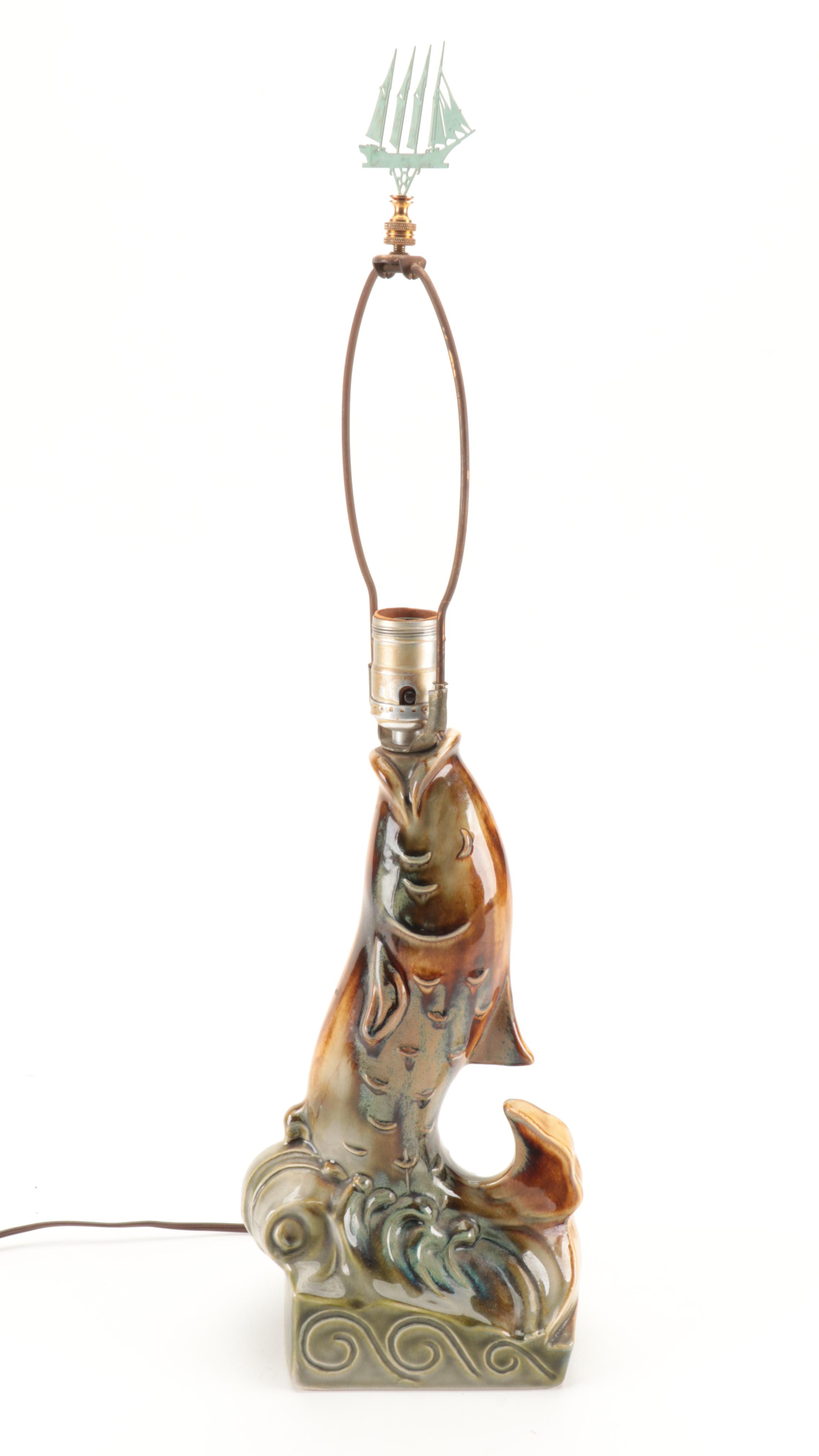 Mid Century Modern Mottled Glazed Ceramic Fish Lamp with Planters EBTH