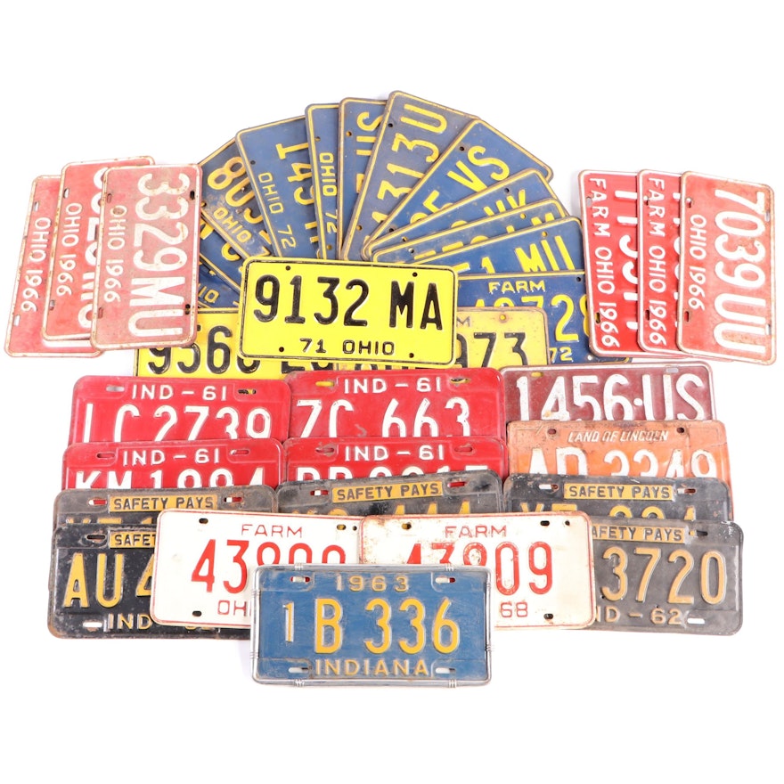 Metal Ohio and Indiana State Vehicle License Plates, 1960s–1970s