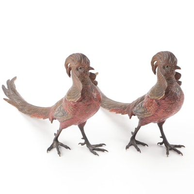 Pair of Austrian Cold-Painted Bronze Pheasants by Franz Bergmann, Early 20th C.