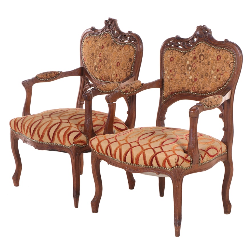 Pair of Rococo Style Carved  Wood Armchairs in Woven Print