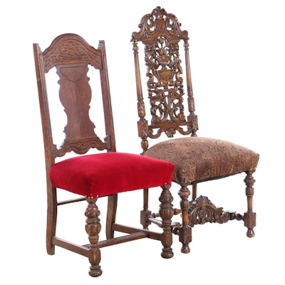 Renaissance Style Side Chair in Paisley Upholstery with Jacobean Style Oak Chair