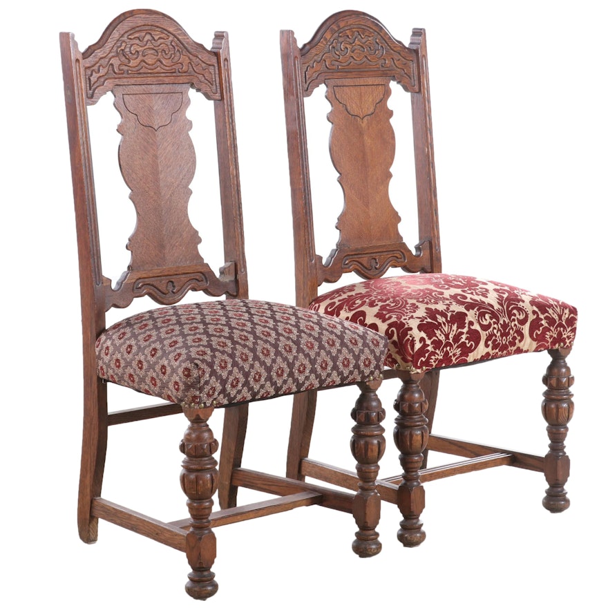 Pair of Jacobean Style Oak Dining Chairs in Varied Upholstery, 1930s