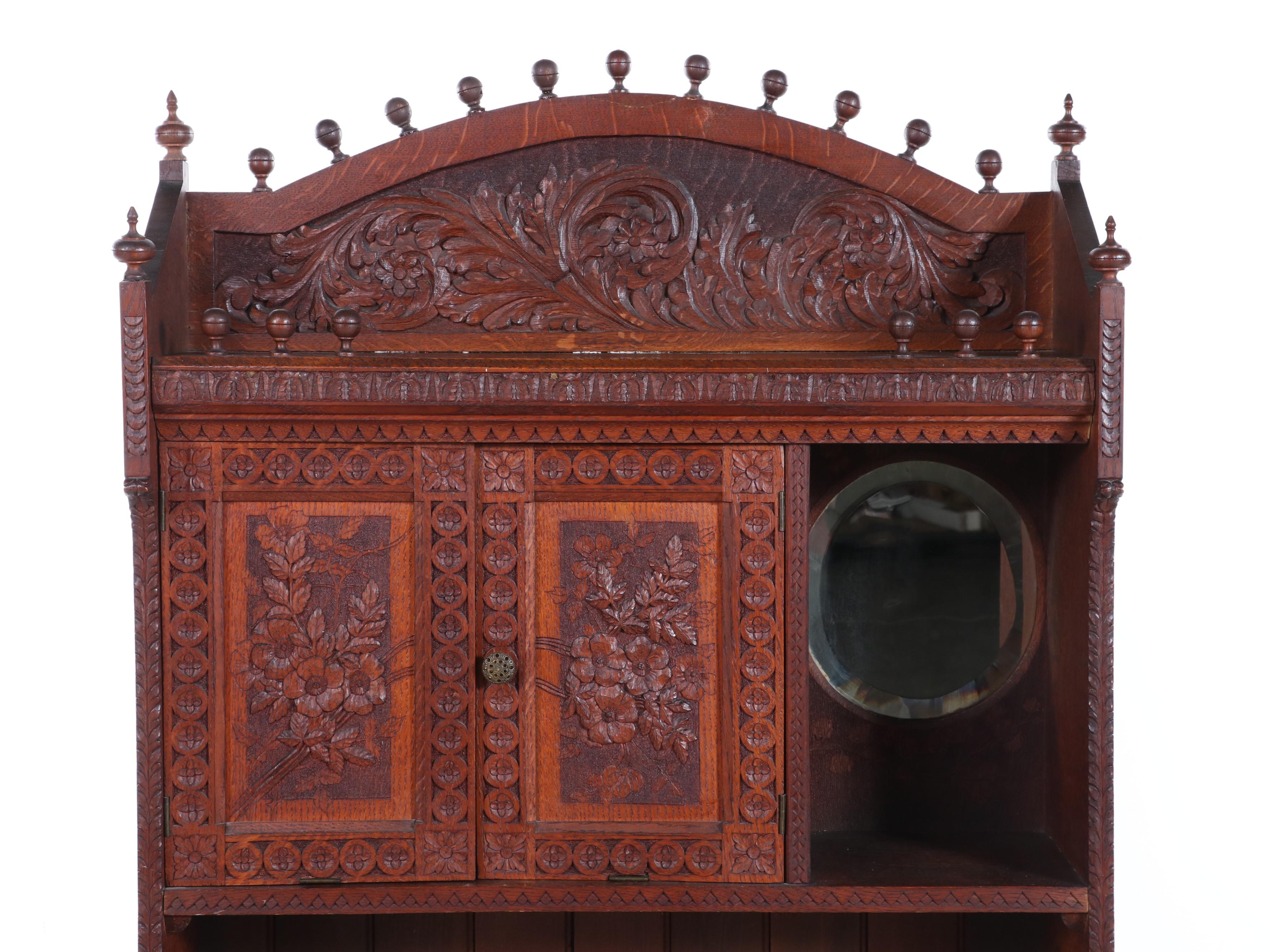 Cincinnati Art Carved Oak Bookcase with and Mirror, Late 19th