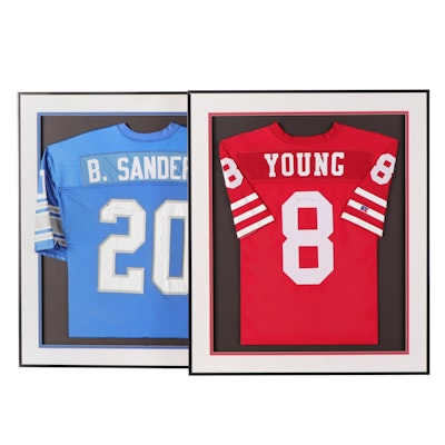 Steve Young and Barry Sanders Signed, Framed and Matted Football Jerseys