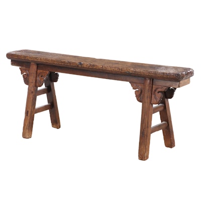 Chinese Elm Bench with Carved Brackets, Late 19th/Early 20th Century