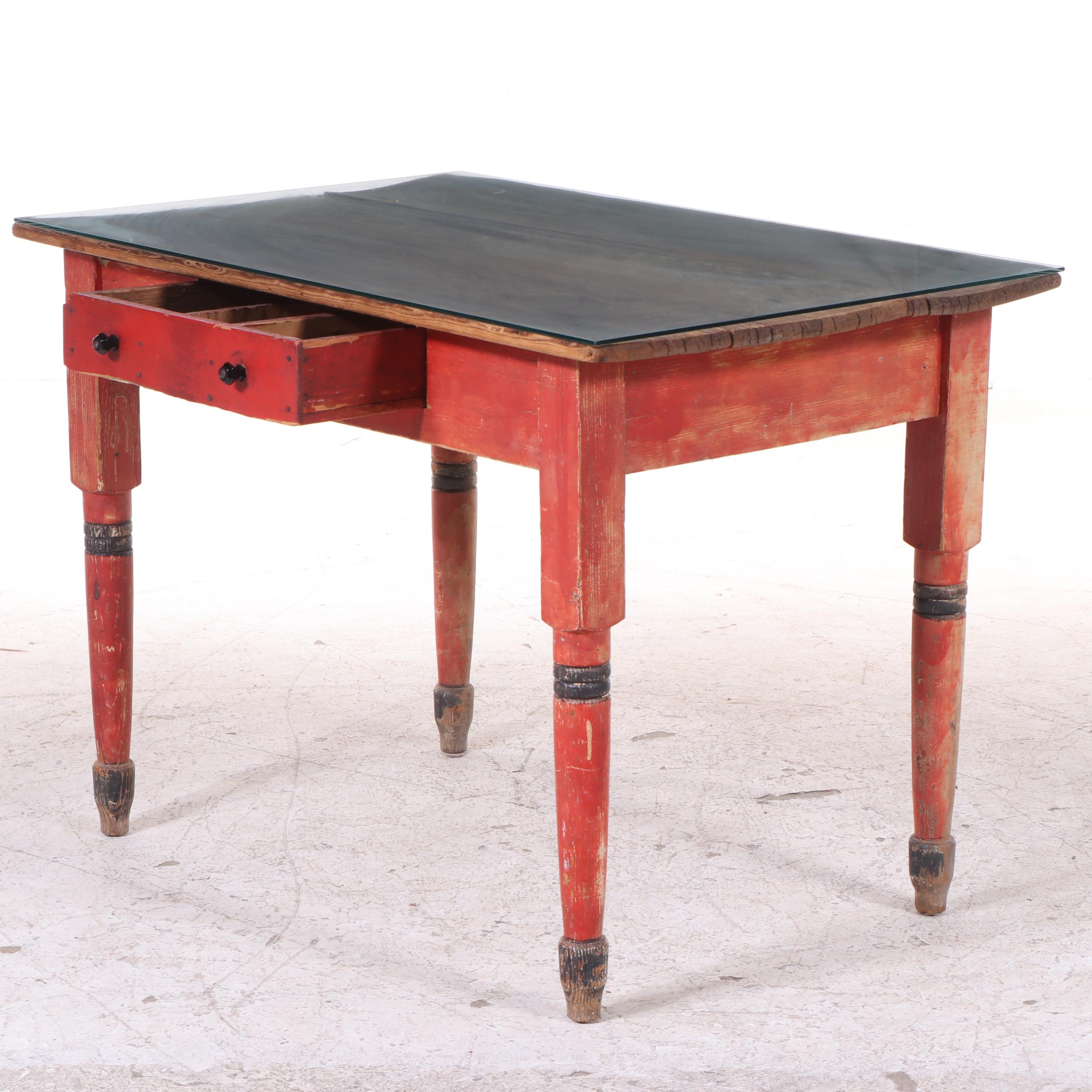 Painted Pine Kitchen Table with Glass Top and Stool, Early 20th Century