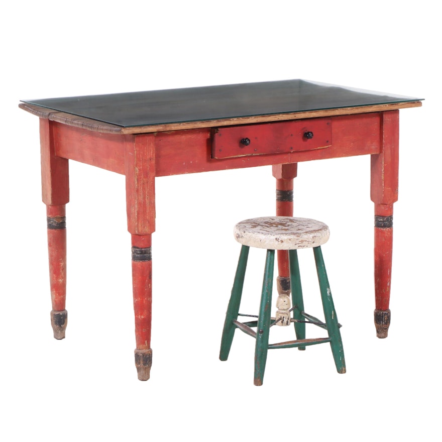 Painted Pine Kitchen Table with Glass Top and Stool, Early 20th Century