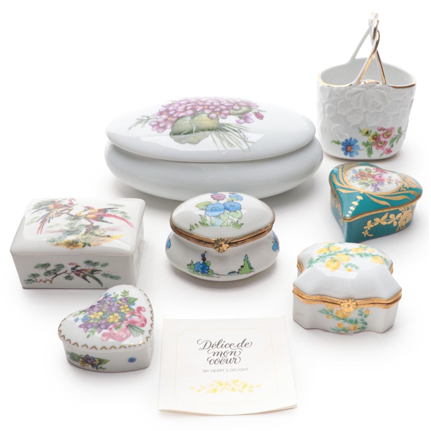 Cadeaux D'amour and Other French Porcelain Limoges Boxes and Basket