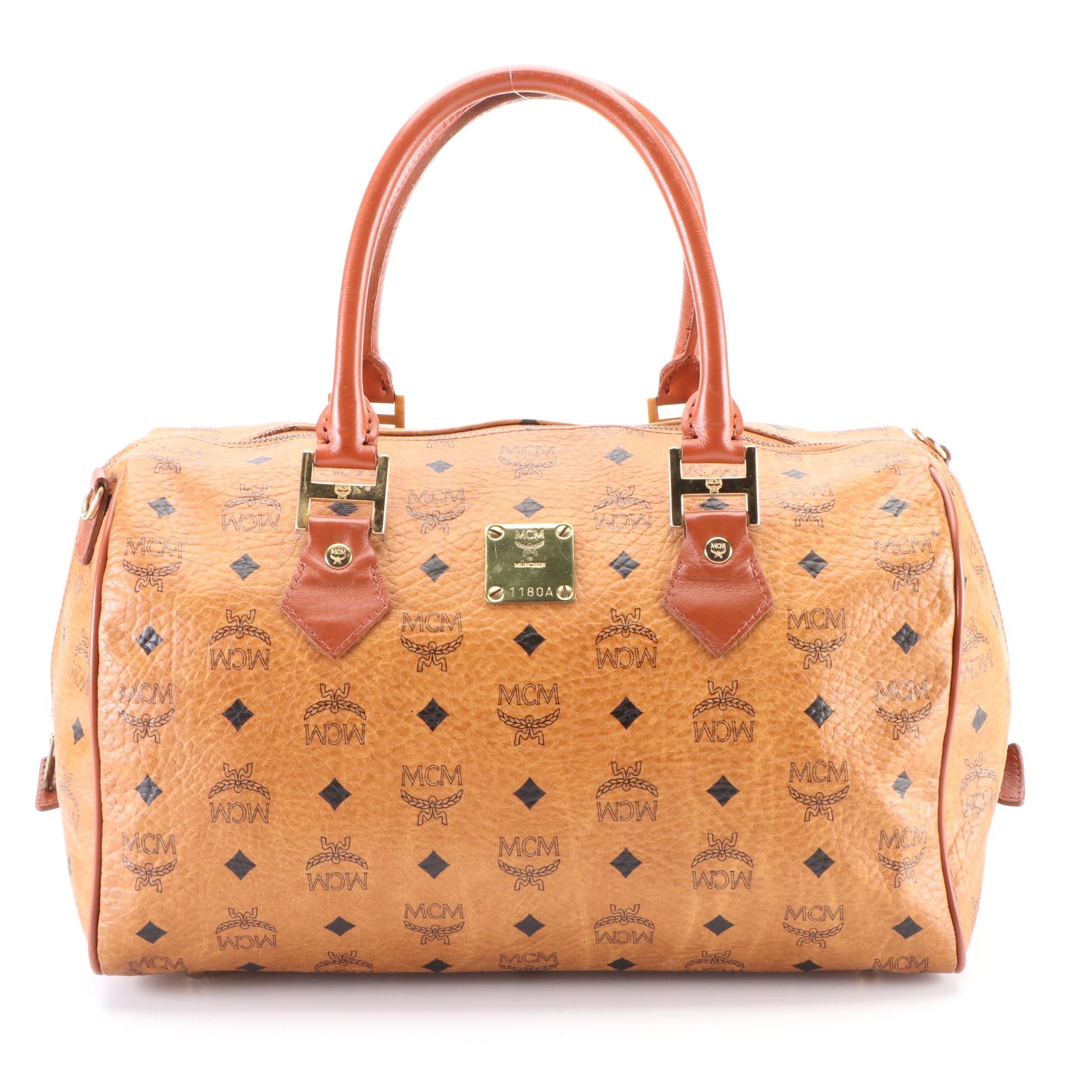 MCM Heritage Boston Satchel in Cognac Viseto Coated Canvas and Leather