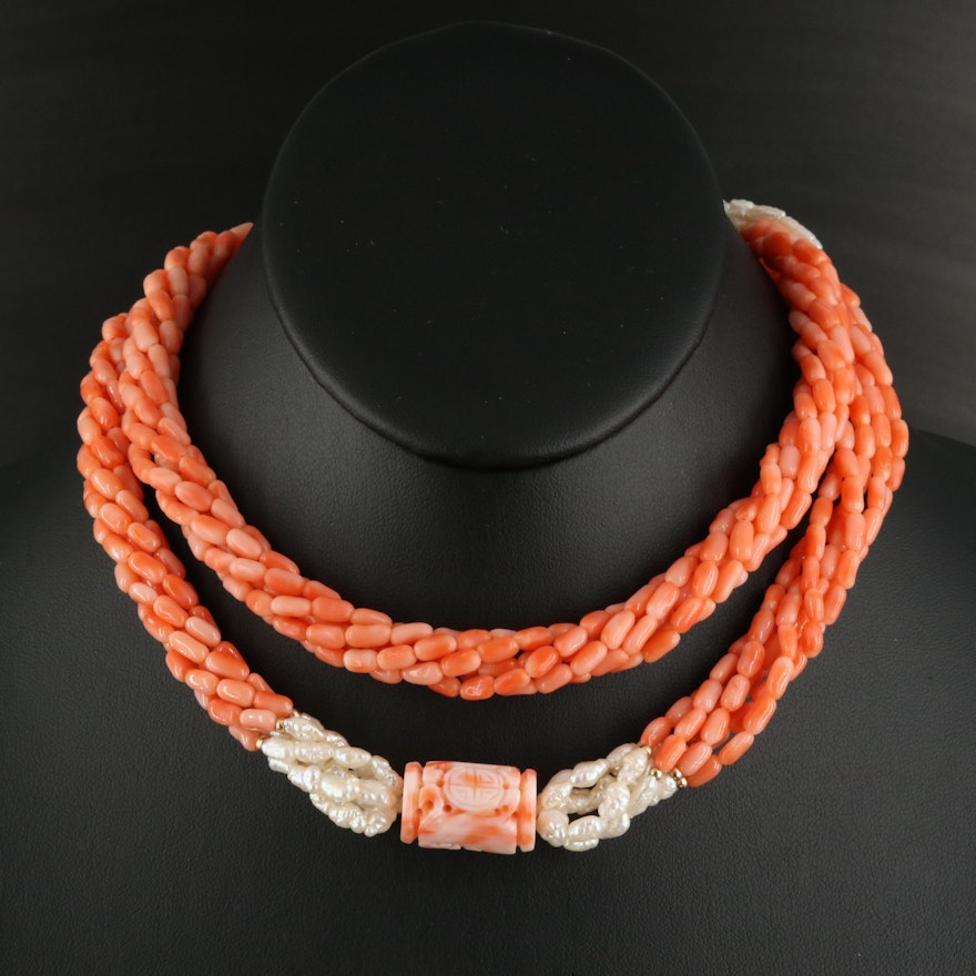 Coral and Pearl Torsade with 14K Accents