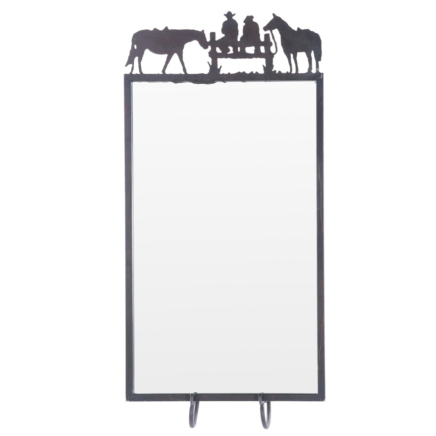 Western Style Cowboy and Horse Scene Silhouette Metal Framed Mirror on Stand