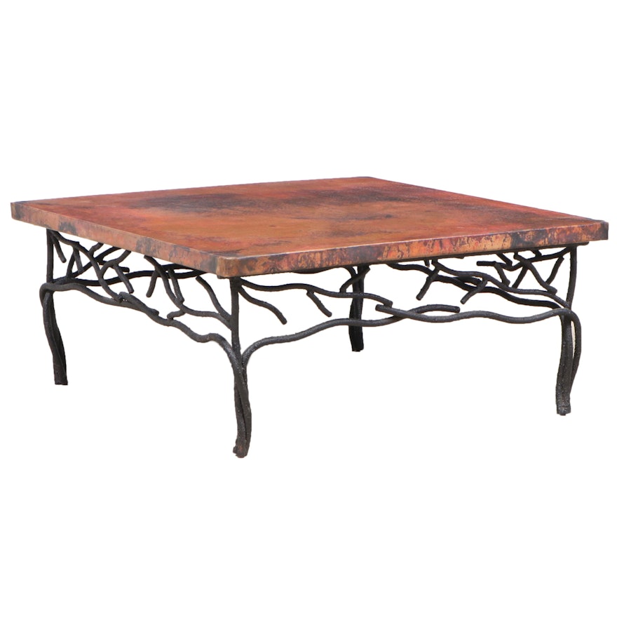 Wrought Iron Twig-Form Coffee Table with Hammered Copper Top
