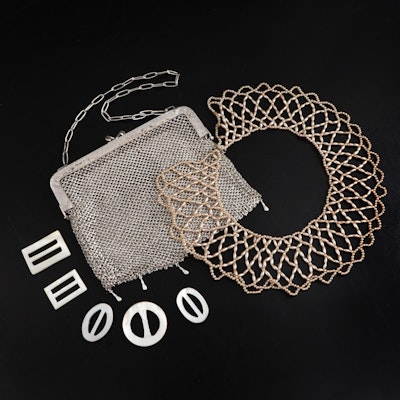 HH Curtis Co. Mesh Purse, Imitation Pearl Collar, & Mother-of-Pearl Belt Buckles