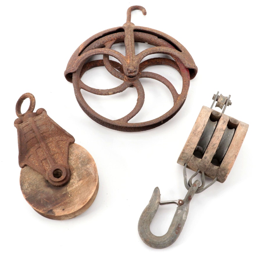 Cast Iron and Wood Block and Tackle Pulleys and Wheel