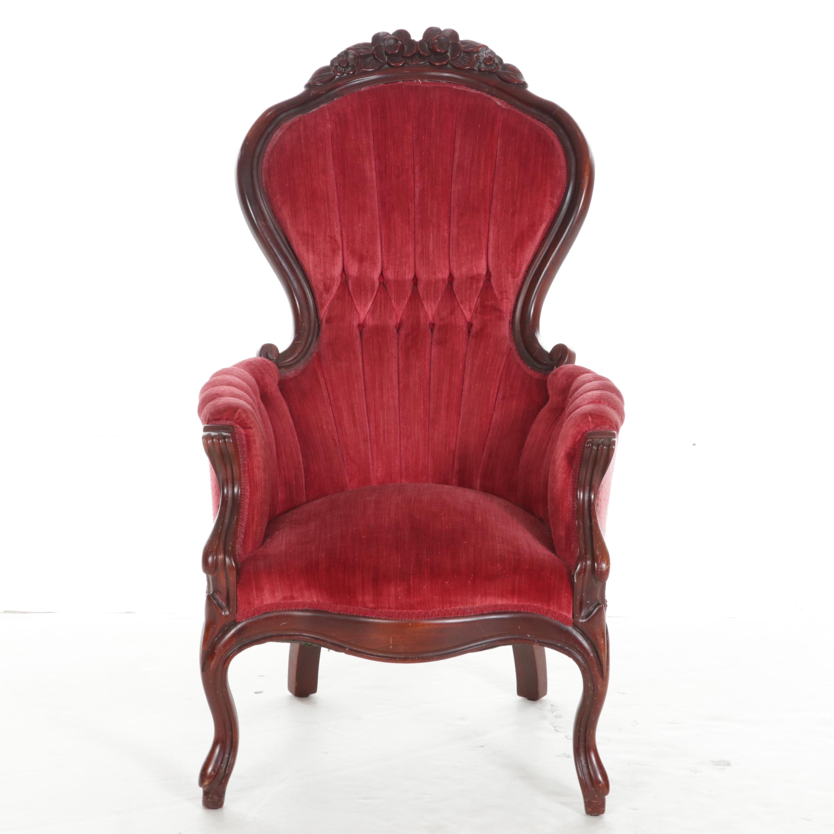 Kimball Victorian Reproduction Carved Velvet Upholstered Walnut Easy