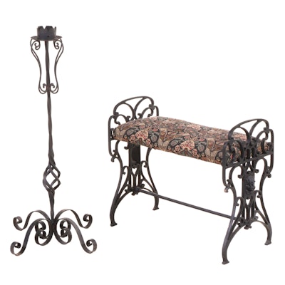 Renaissance Style Cast Iron Vanity Bench and Scrolled Iron Floor Candlestick