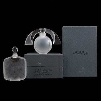 Lalique "Hittite" and "Eclipse" Frosted Crystal Perfume Bottles, Late 20th C.