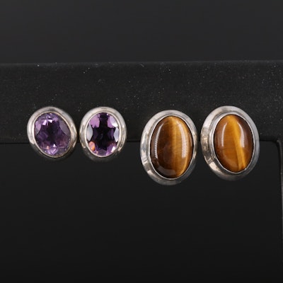 Sterling Amethyst and Tiger's Eye Oval Stud Earring